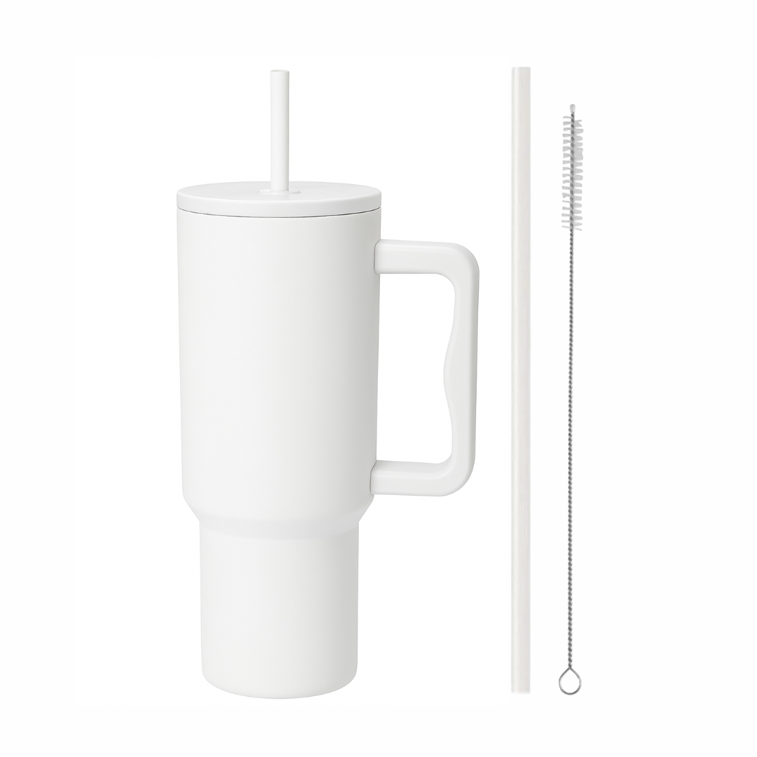 KLINKCO Stainless Steel Tumbler with Straw | Double Insulated Tumblers for Hot & Cold Drink 100% Leakproof Tumbler with Straw Cleaner | Snow White | 1200ml