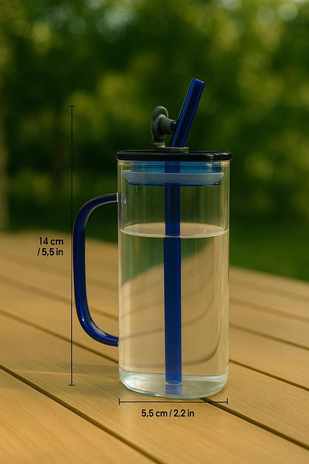 KLINKCO Borosilicate Glass Tumbler with Lid and Glass Straw | Tumbler with Straw | Blue | 380ml