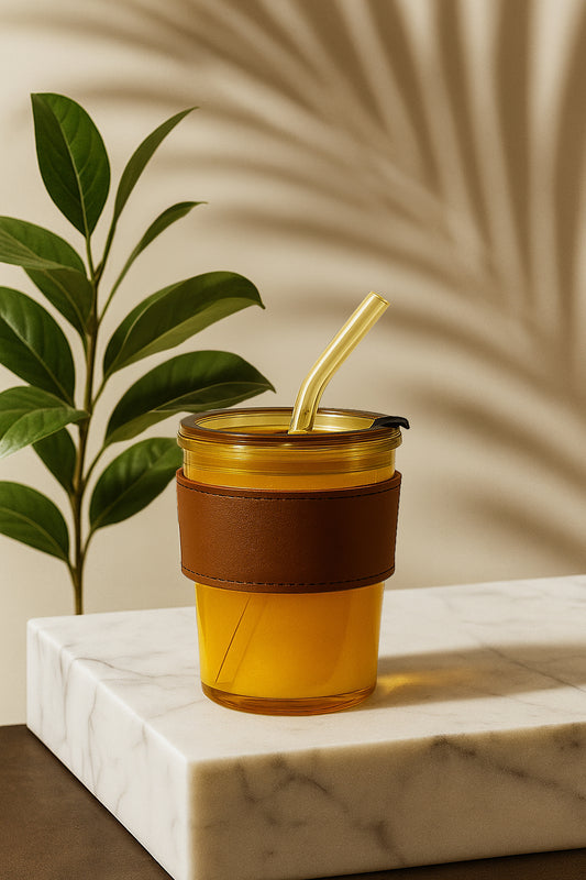 KLINKCO Glass Travel Sipper Tumbler Mug with Straw and Lid | 350ml | Brown