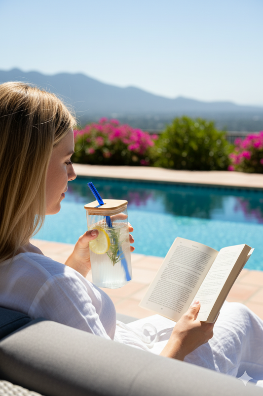 Borosilicate Glass Sipper, 410ml, Transparent, Glass Tumblers with Wooden Lid and Blue Straw - Ideal for Cocktails, Smoothies, Juices, and Iced Coffee