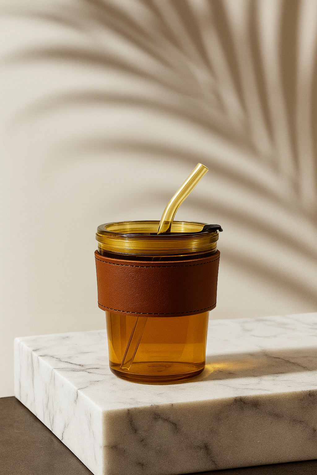 KLINKCO Glass Travel Sipper Tumbler Mug with Straw and Lid | 350ml | Brown