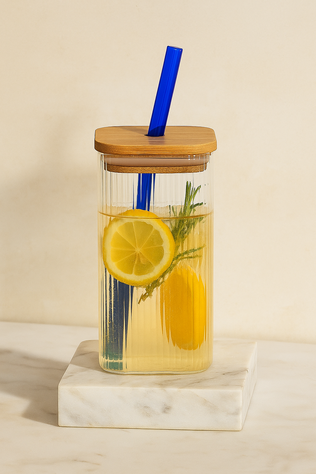Borosilicate Glass Sipper, 410ml, Transparent, Glass Tumblers with Wooden Lid and Blue Straw - Ideal for Cocktails, Smoothies, Juices, and Iced Coffee
