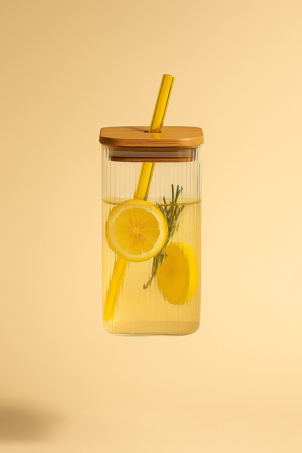Borosilicate Glass Sipper, 410ml, Transparent, Glass Tumblers with Wooden Lid and Yellow Straw - Ideal for Cocktails, Smoothies, Juices, and Iced Coffee