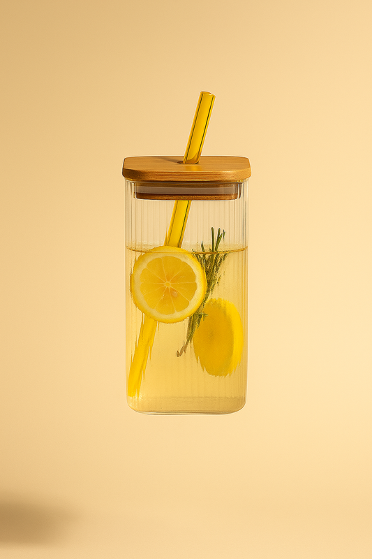 Borosilicate Glass Sipper, 410ml, Transparent, Glass Tumblers with Wooden Lid and Yellow Straw - Ideal for Cocktails, Smoothies, Juices, and Iced Coffee