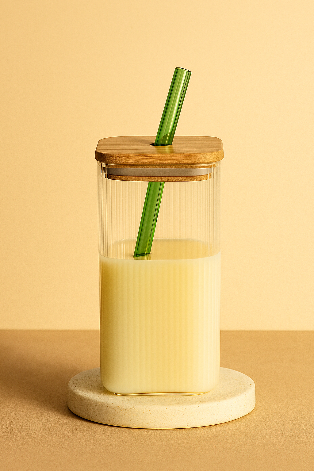 Borosilicate Glass Sipper, 410ml, Transparent, Glass Tumblers with Wooden Lid and Green Straw - Ideal for Cocktails, Smoothies, Juices, and Iced Coffee