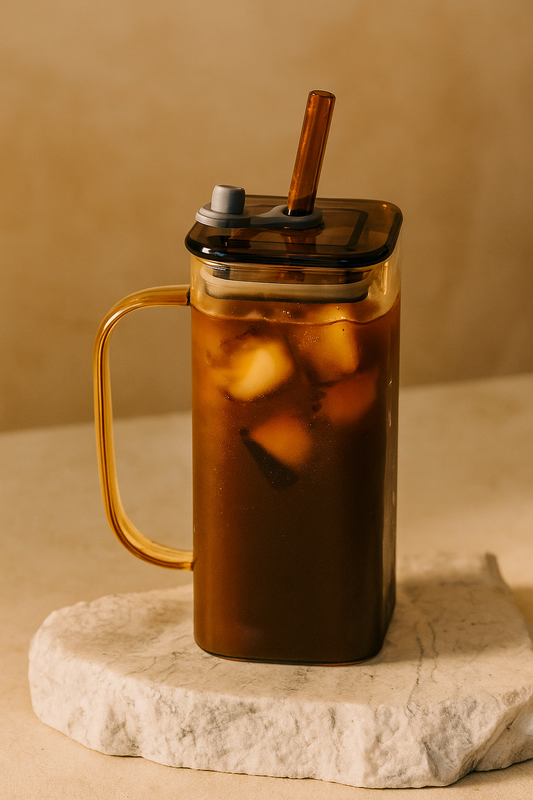 KLINKCO Borosilicate Glass Tumbler with Lid and Glass Straw | Tumbler with Straw | Brown | 380ml