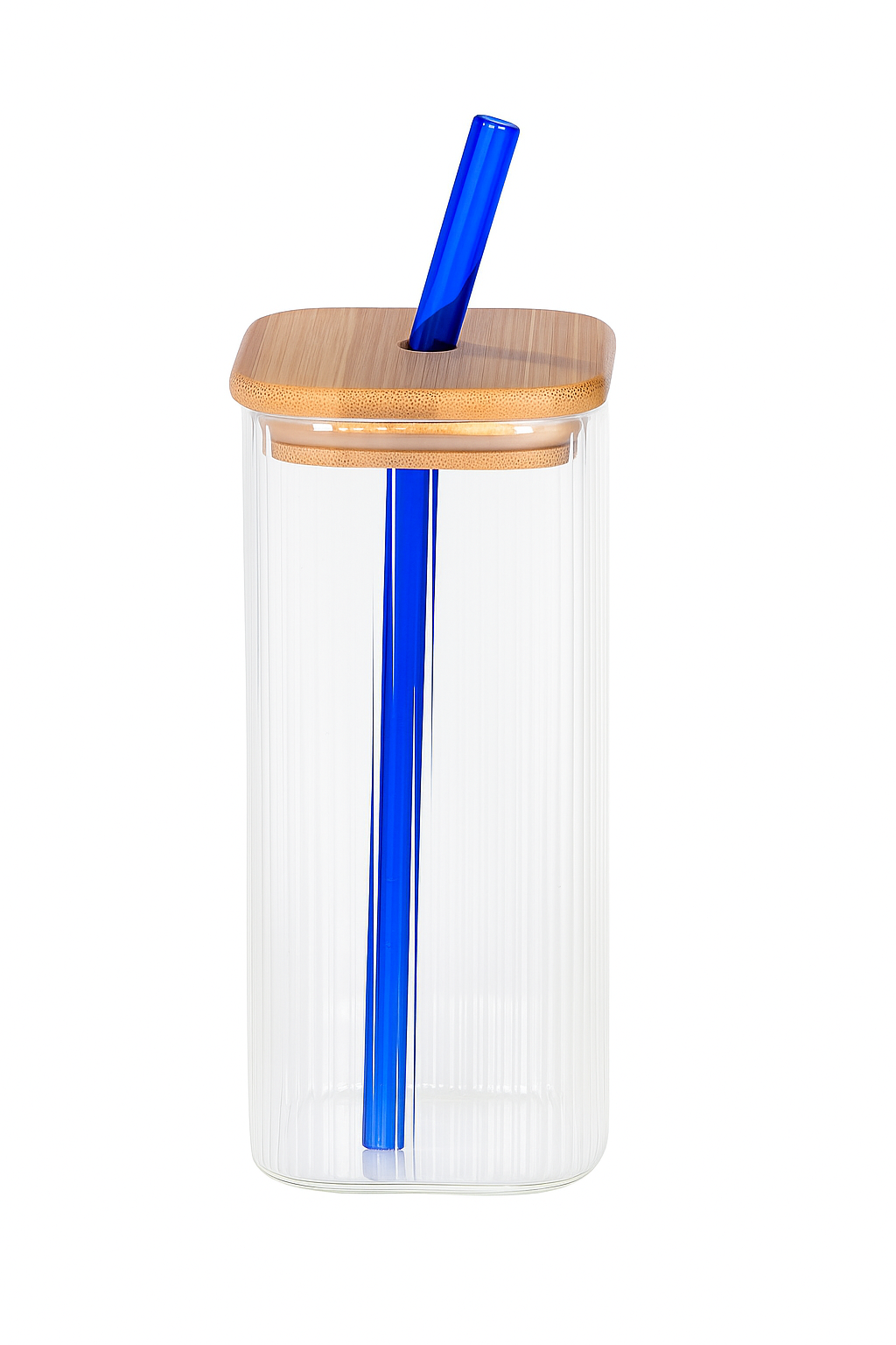 Borosilicate Glass Sipper, 410ml, Transparent, Glass Tumblers with Wooden Lid and Blue Straw - Ideal for Cocktails, Smoothies, Juices, and Iced Coffee