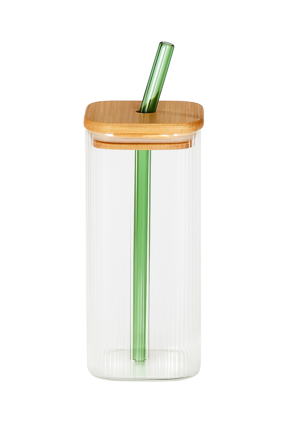 Borosilicate Glass Sipper, 410ml, Transparent, Glass Tumblers with Wooden Lid and Green Straw - Ideal for Cocktails, Smoothies, Juices, and Iced Coffee
