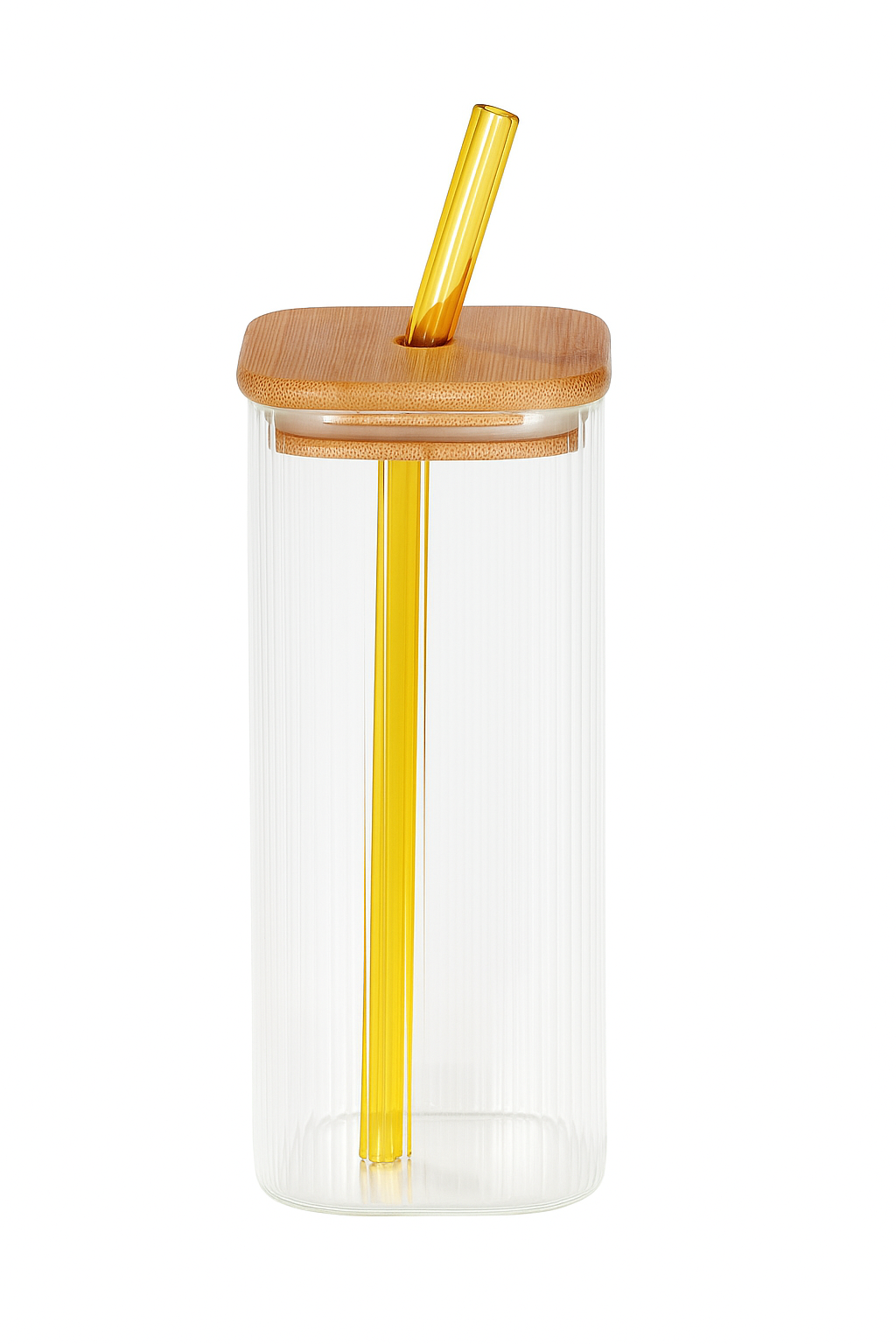 Borosilicate Glass Sipper, 410ml, Transparent, Glass Tumblers with Wooden Lid and Yellow Straw - Ideal for Cocktails, Smoothies, Juices, and Iced Coffee