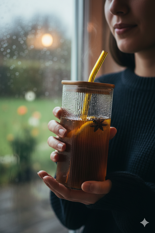 Borosilicate Glass Sipper, 410ml, Transparent, Glass Tumblers with Wooden Lid and Yellow Straw - Ideal for Cocktails, Smoothies, Juices, and Iced Coffee