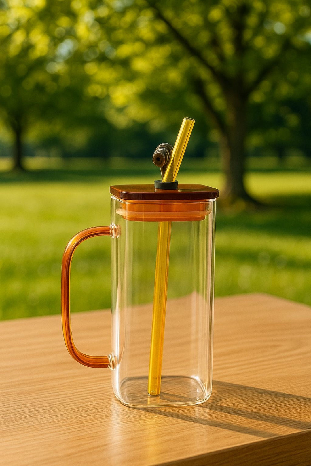 KLINKCO Borosilicate Glass Tumbler with Lid and Glass Straw | Tumbler with Straw | Orange | 380ml