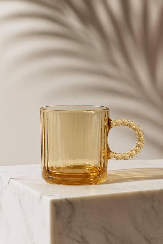 KLINKCO Pearl Handle Glass Cup Big | 200ml Brown Tea & Coffee Cup | Heat-Resistant Glass, Elegant Handle Design (Set of 2)